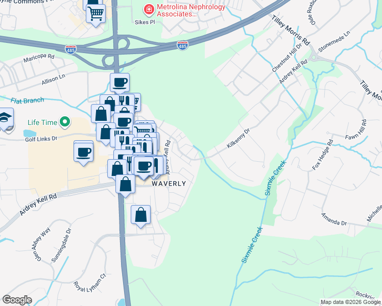 map of restaurants, bars, coffee shops, grocery stores, and more near 15021 Clear Sky Lane in Charlotte