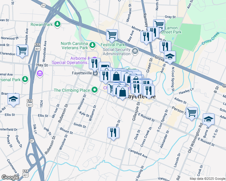 map of restaurants, bars, coffee shops, grocery stores, and more near 126 Pennmark Place in Fayetteville