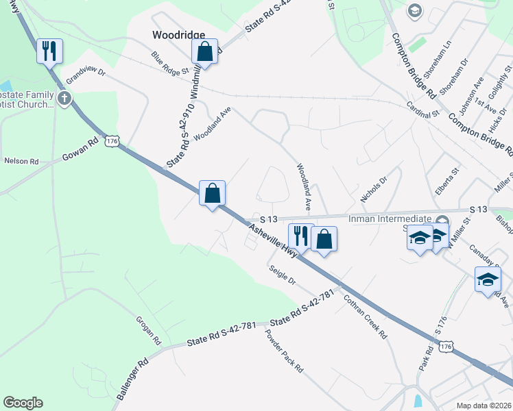 map of restaurants, bars, coffee shops, grocery stores, and more near 409 Copper Creek Circle in Inman