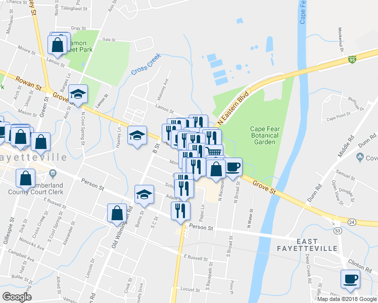 map of restaurants, bars, coffee shops, grocery stores, and more near 623 Highway 24 in Fayetteville