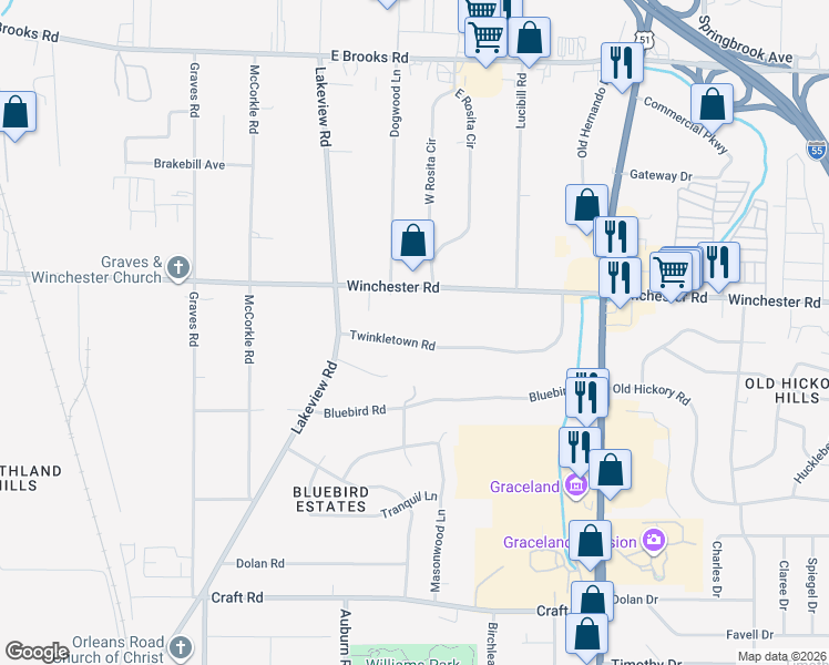 map of restaurants, bars, coffee shops, grocery stores, and more near 924 Twinkletown Road in Memphis