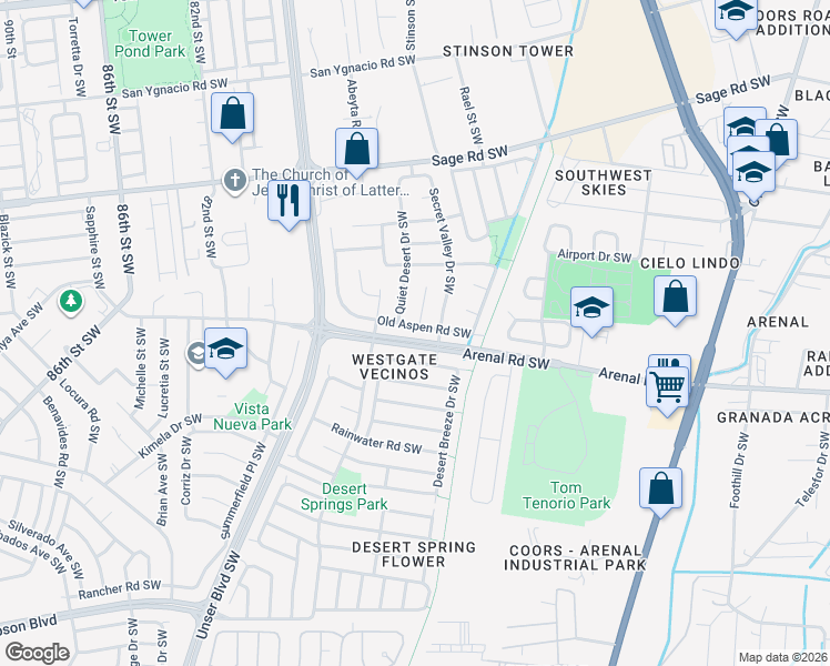 map of restaurants, bars, coffee shops, grocery stores, and more near 1615 Secret Valley Drive Southwest in Albuquerque