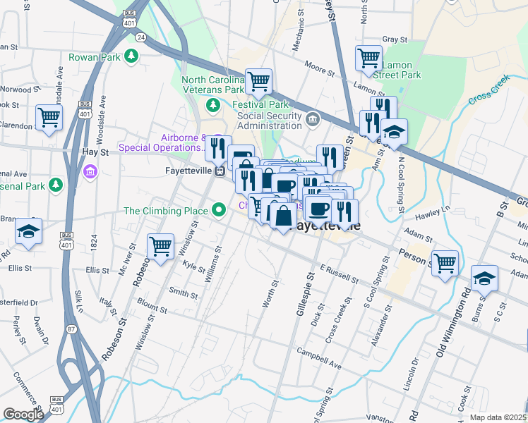 map of restaurants, bars, coffee shops, grocery stores, and more near 131 Pennmark Place in Fayetteville