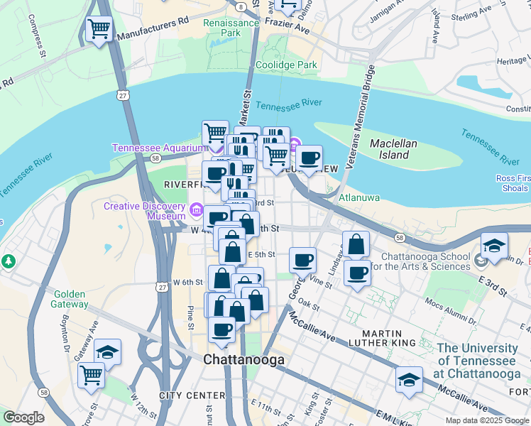 map of restaurants, bars, coffee shops, grocery stores, and more near 135 East 3rd Street in Chattanooga