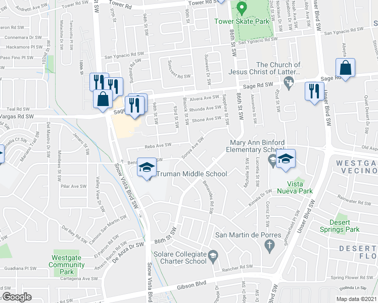 map of restaurants, bars, coffee shops, grocery stores, and more near Sonya Avenue Southwest in Albuquerque