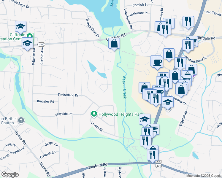 map of restaurants, bars, coffee shops, grocery stores, and more near 653 Brandermill Road in Fayetteville
