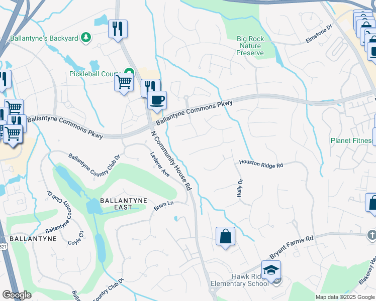 map of restaurants, bars, coffee shops, grocery stores, and more near 9336 Whispering Wind Drive in Charlotte