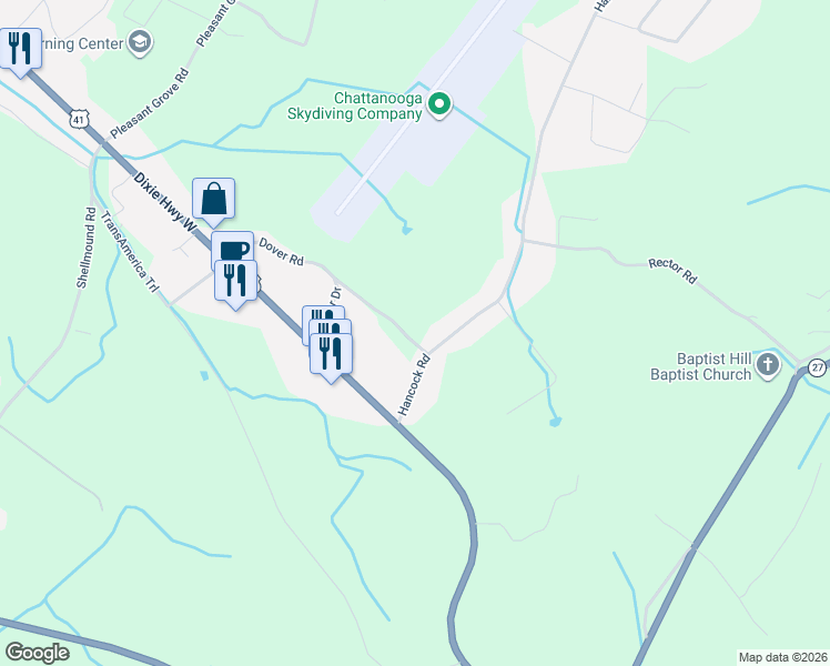 map of restaurants, bars, coffee shops, grocery stores, and more near 593 Dover Road in Jasper