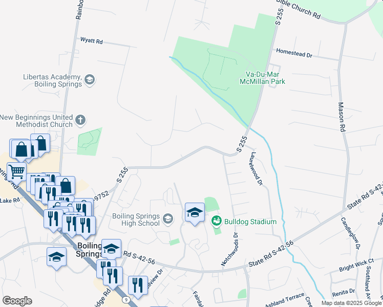 map of restaurants, bars, coffee shops, grocery stores, and more near McMillin Boulevard in Boiling Springs