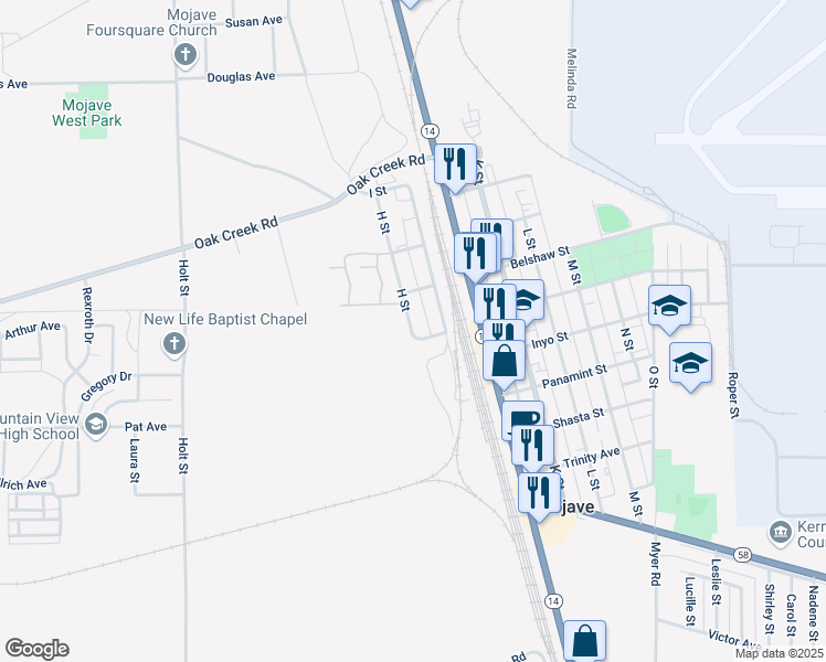 map of restaurants, bars, coffee shops, grocery stores, and more near 16016 H Street in Mojave