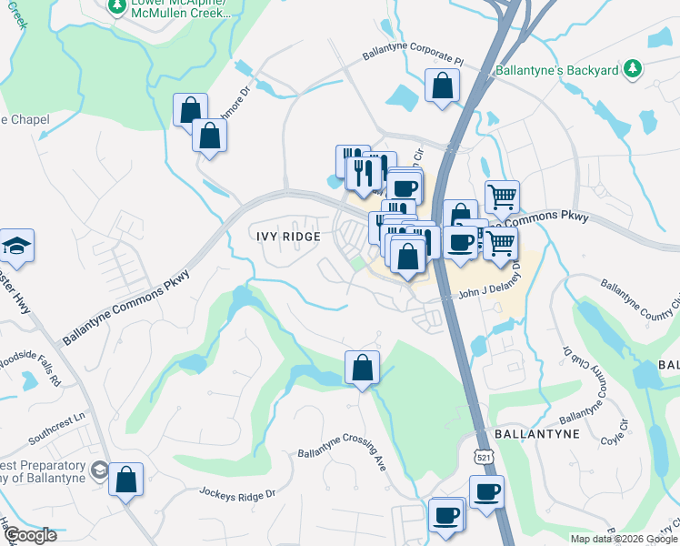 map of restaurants, bars, coffee shops, grocery stores, and more near 14409 San Paolo Lane in Charlotte