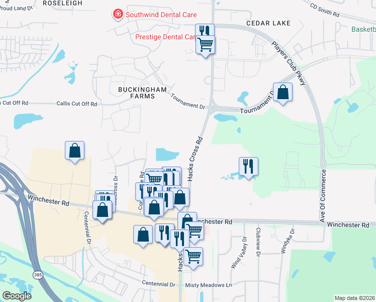 map of restaurants, bars, coffee shops, grocery stores, and more near 3515 Hacks Cross Road in Memphis
