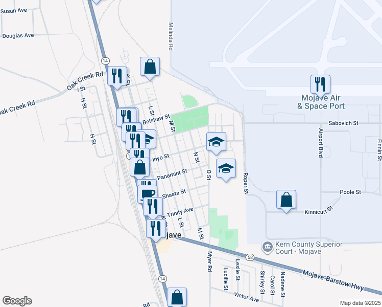 map of restaurants, bars, coffee shops, grocery stores, and more near 15873 N Street in Mojave