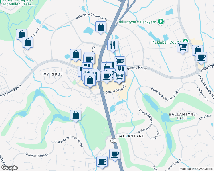 map of restaurants, bars, coffee shops, grocery stores, and more near 15007 John J Delaney Drive in Charlotte