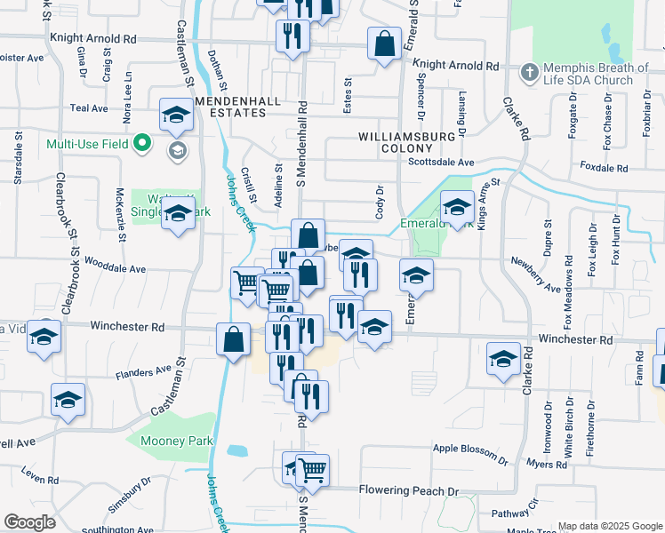 map of restaurants, bars, coffee shops, grocery stores, and more near 5375 Newberry Avenue in Memphis