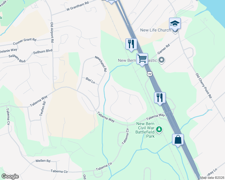 map of restaurants, bars, coffee shops, grocery stores, and more near 133 Geneva Road in New Bern