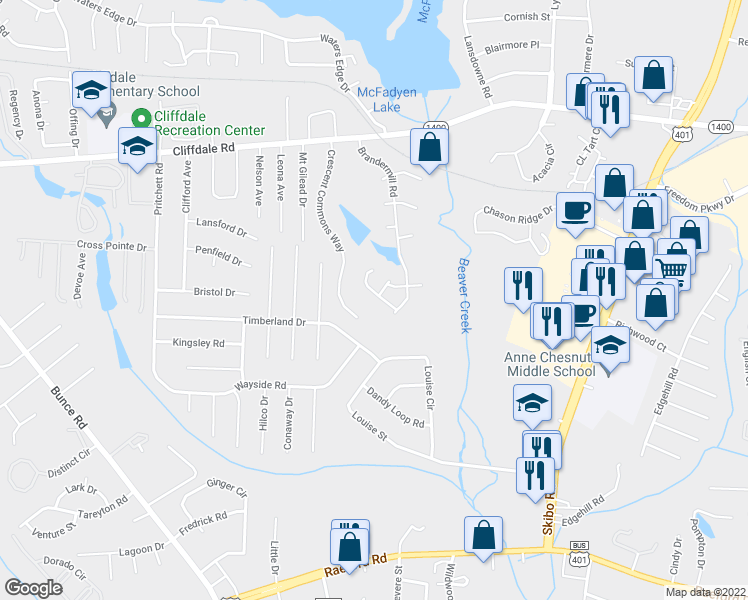 map of restaurants, bars, coffee shops, grocery stores, and more near 3125 Wisteria Lane in Fayetteville