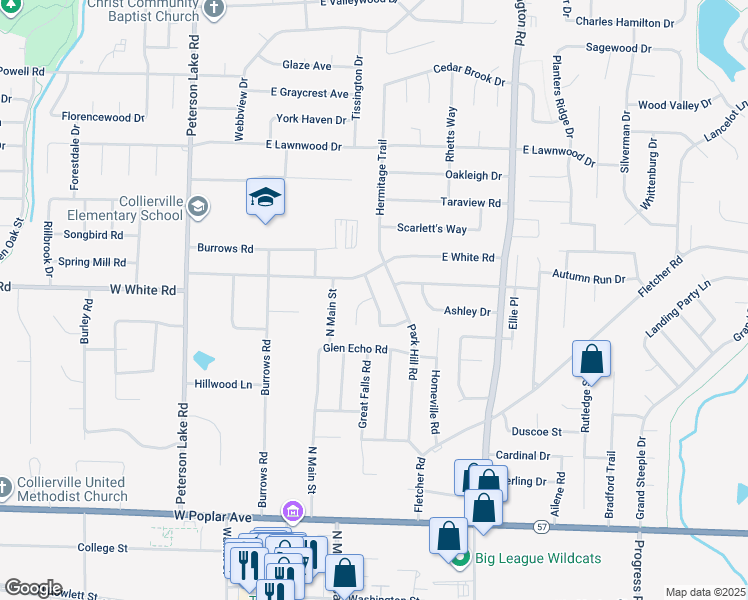 map of restaurants, bars, coffee shops, grocery stores, and more near 233 East White Road in Collierville