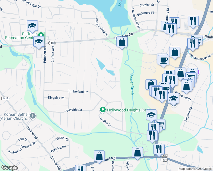 map of restaurants, bars, coffee shops, grocery stores, and more near 3125 Wisteria Lane in Fayetteville