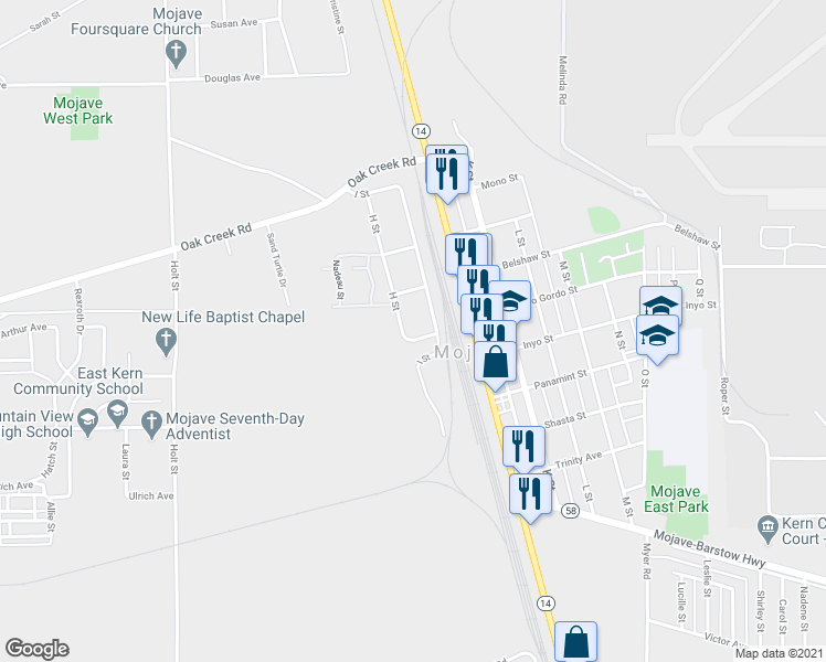map of restaurants, bars, coffee shops, grocery stores, and more near 15972 H Street in Mojave