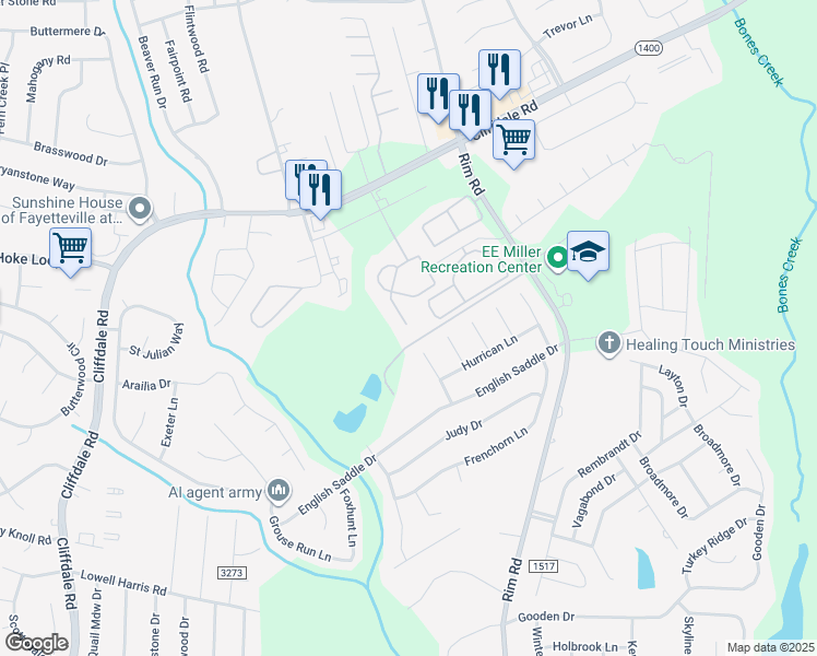 map of restaurants, bars, coffee shops, grocery stores, and more near 8420 Olted Road in Fayetteville