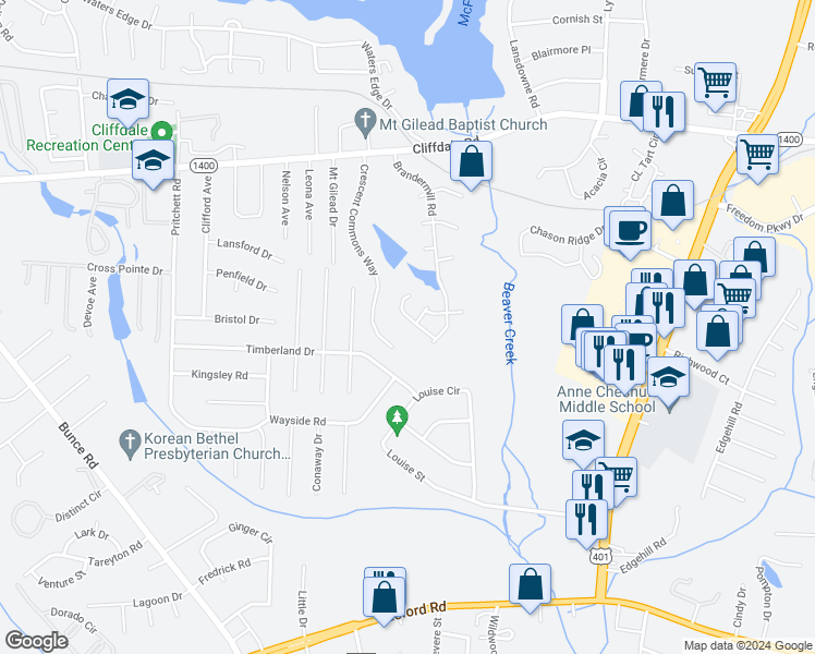 map of restaurants, bars, coffee shops, grocery stores, and more near 3129 Wisteria Lane in Fayetteville