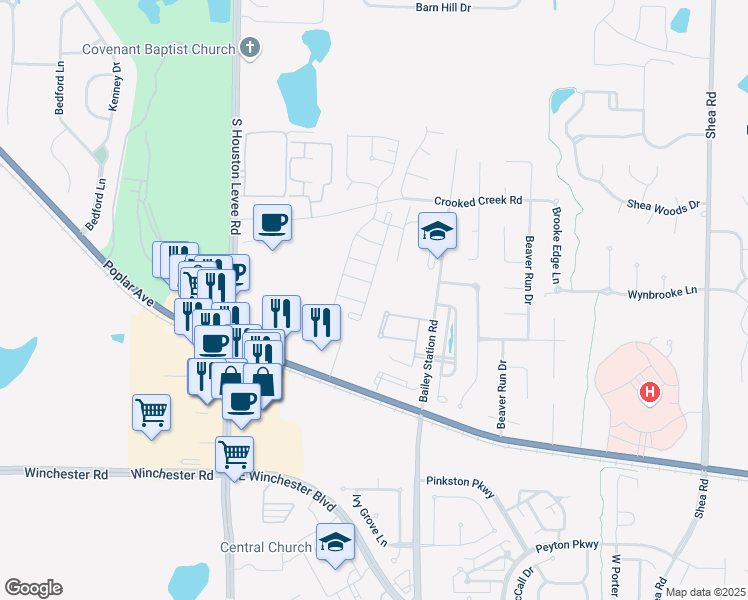 map of restaurants, bars, coffee shops, grocery stores, and more near 3506 Village Cross Lane in Collierville