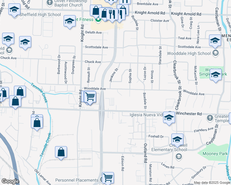 map of restaurants, bars, coffee shops, grocery stores, and more near 3493 Coffee Drive in Memphis