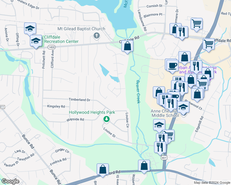 map of restaurants, bars, coffee shops, grocery stores, and more near 3108 Wisteria Lane in Fayetteville