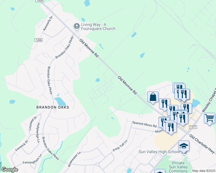 map of restaurants, bars, coffee shops, grocery stores, and more near 5916 Old Monroe Road in Indian Trail