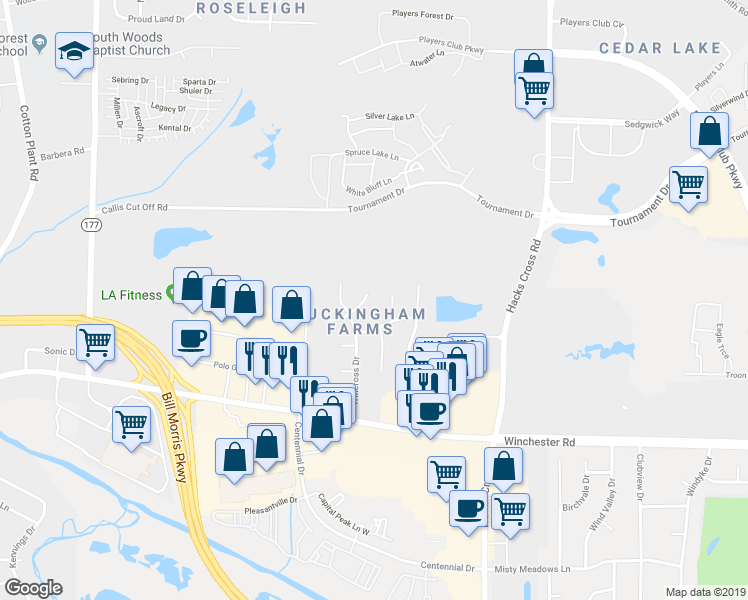 map of restaurants, bars, coffee shops, grocery stores, and more near 7875 Winoak Lane in Memphis
