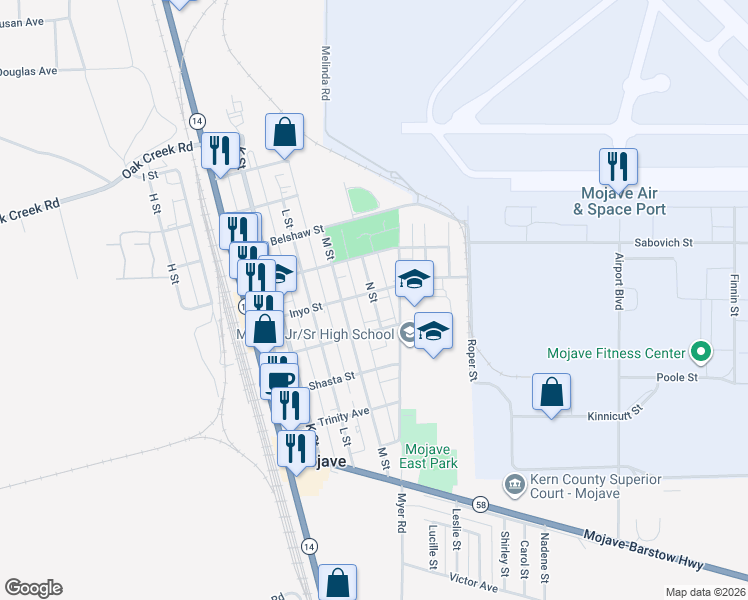 map of restaurants, bars, coffee shops, grocery stores, and more near N Street in Mojave