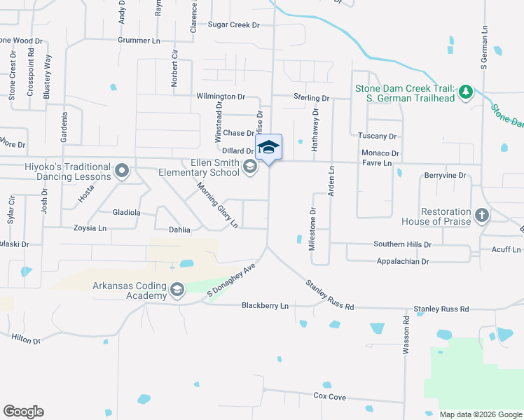 map of restaurants, bars, coffee shops, grocery stores, and more near 2105 Spring Valley Drive in Conway