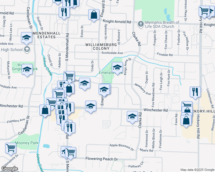 map of restaurants, bars, coffee shops, grocery stores, and more near 5504 Emerald Hills Drive in Memphis