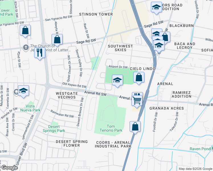 map of restaurants, bars, coffee shops, grocery stores, and more near 7016 Dona Adelina Avenue Southwest in Albuquerque