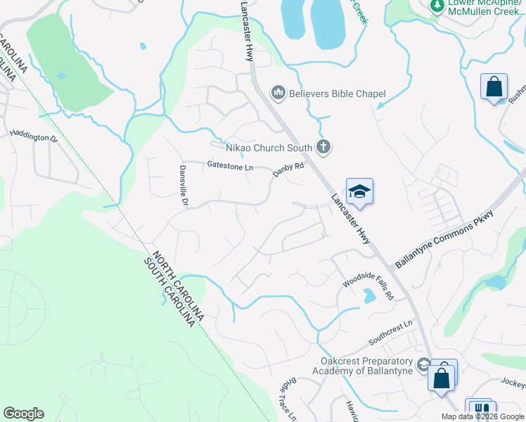 map of restaurants, bars, coffee shops, grocery stores, and more near 13811 Dansington Court in Pineville