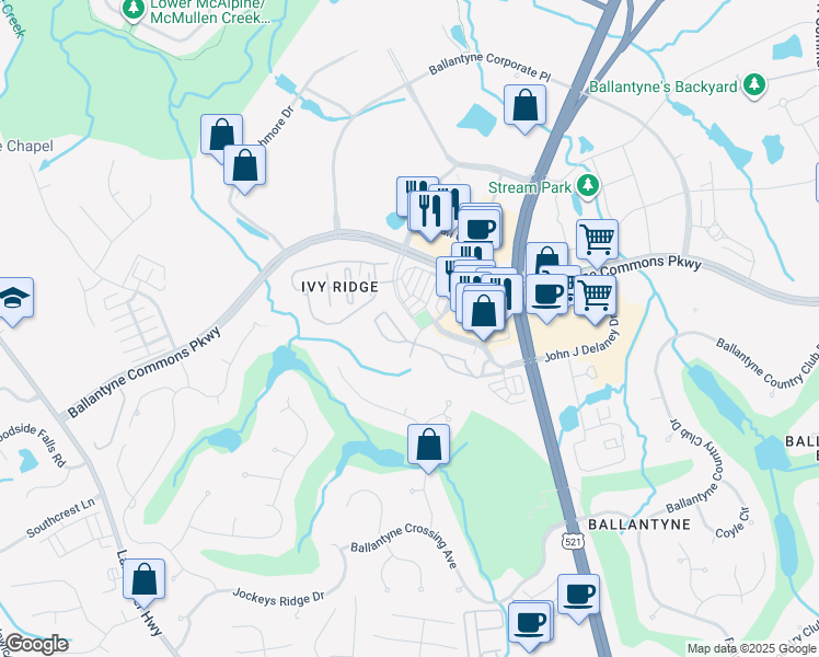 map of restaurants, bars, coffee shops, grocery stores, and more near 14453 San Paolo Lane in Charlotte