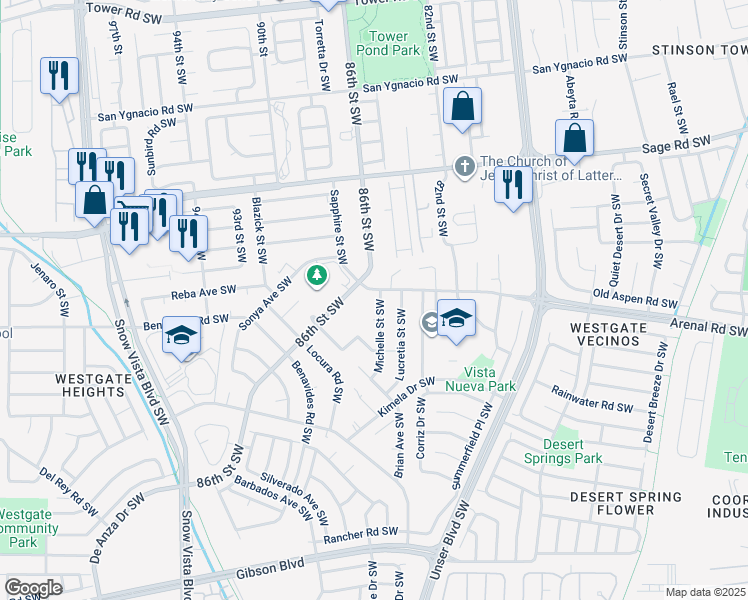 map of restaurants, bars, coffee shops, grocery stores, and more near 8508 Sapphire Street Southwest in Albuquerque