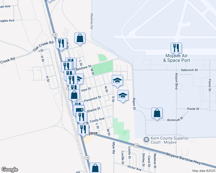 map of restaurants, bars, coffee shops, grocery stores, and more near 2069 Inyo Street in Mojave