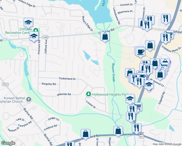 map of restaurants, bars, coffee shops, grocery stores, and more near 3129 Wisteria Lane in Fayetteville