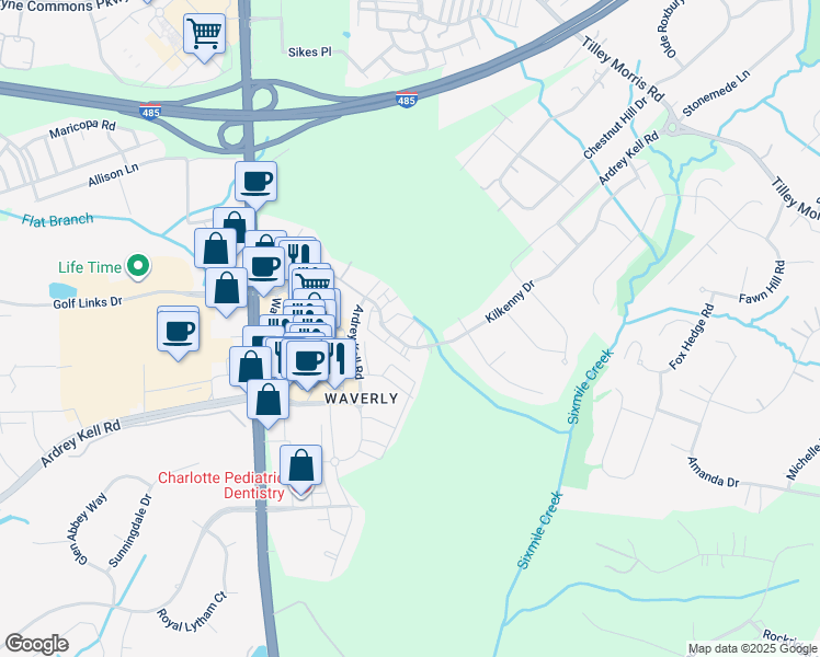map of restaurants, bars, coffee shops, grocery stores, and more near 15021 Clear Sky Lane in Charlotte