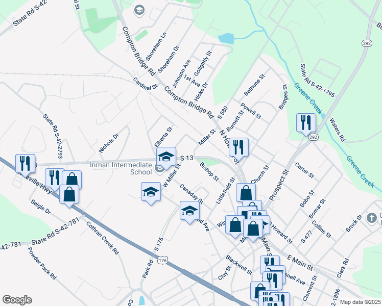 map of restaurants, bars, coffee shops, grocery stores, and more near in Inman