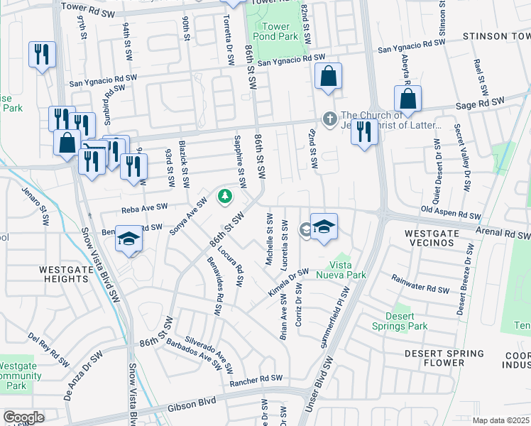 map of restaurants, bars, coffee shops, grocery stores, and more near 8508 Sapphire Street Southwest in Albuquerque