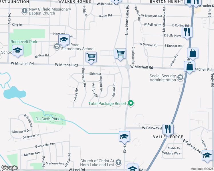 map of restaurants, bars, coffee shops, grocery stores, and more near 3501 Brantley Road in Memphis