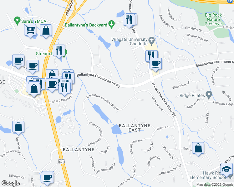 map of restaurants, bars, coffee shops, grocery stores, and more near Commons East Drive in Charlotte