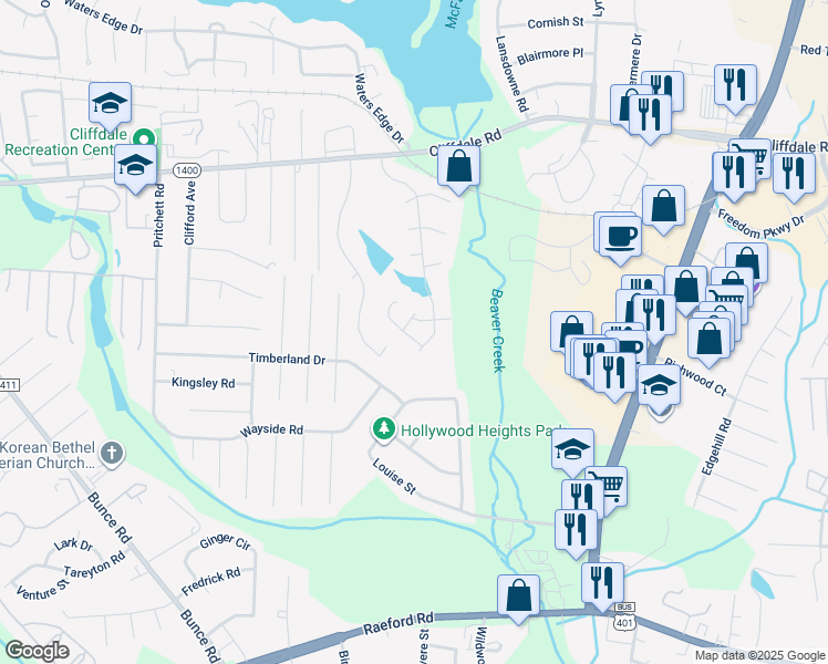 map of restaurants, bars, coffee shops, grocery stores, and more near 3108 Wisteria Lane in Fayetteville