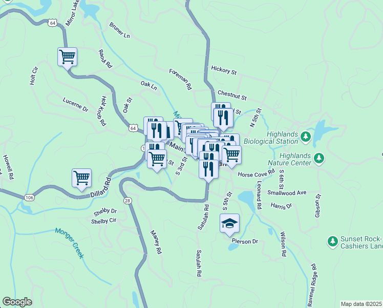 map of restaurants, bars, coffee shops, grocery stores, and more near Main Street in Highlands
