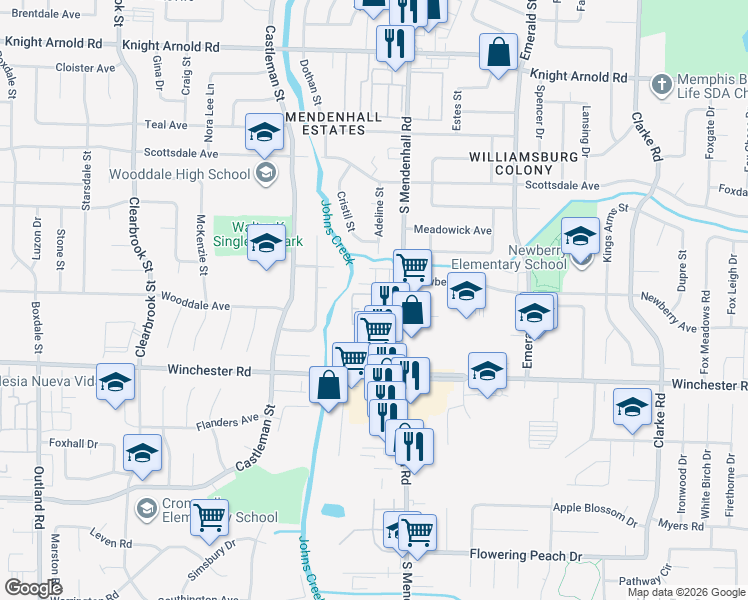 map of restaurants, bars, coffee shops, grocery stores, and more near 3505 South Mendenhall Road in Memphis