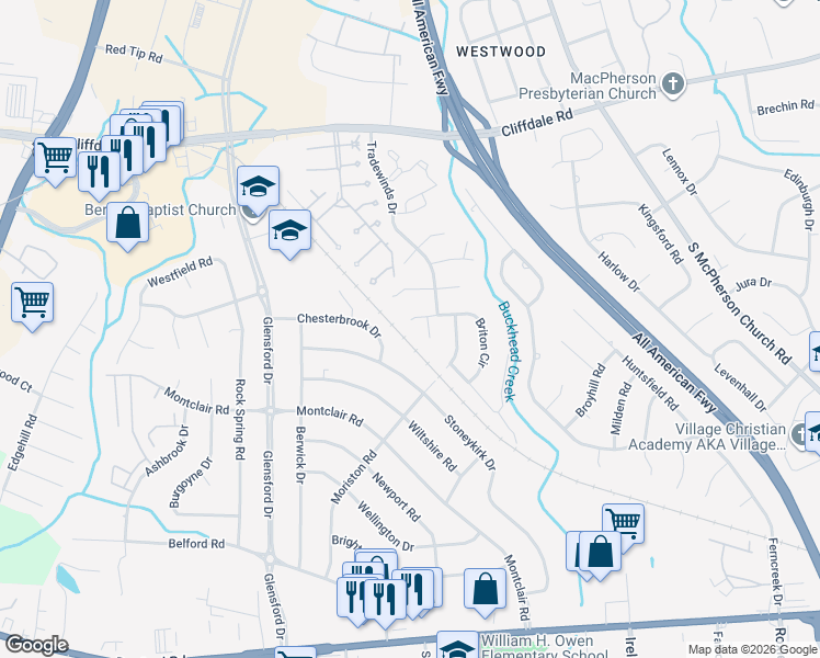map of restaurants, bars, coffee shops, grocery stores, and more near 501-521 Andrea Court in Fayetteville