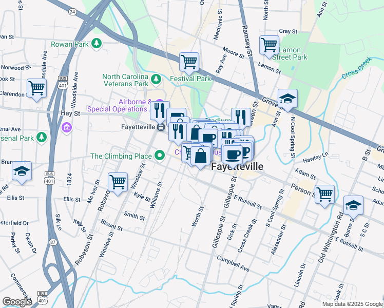 map of restaurants, bars, coffee shops, grocery stores, and more near 114 Pennmark Place in Fayetteville